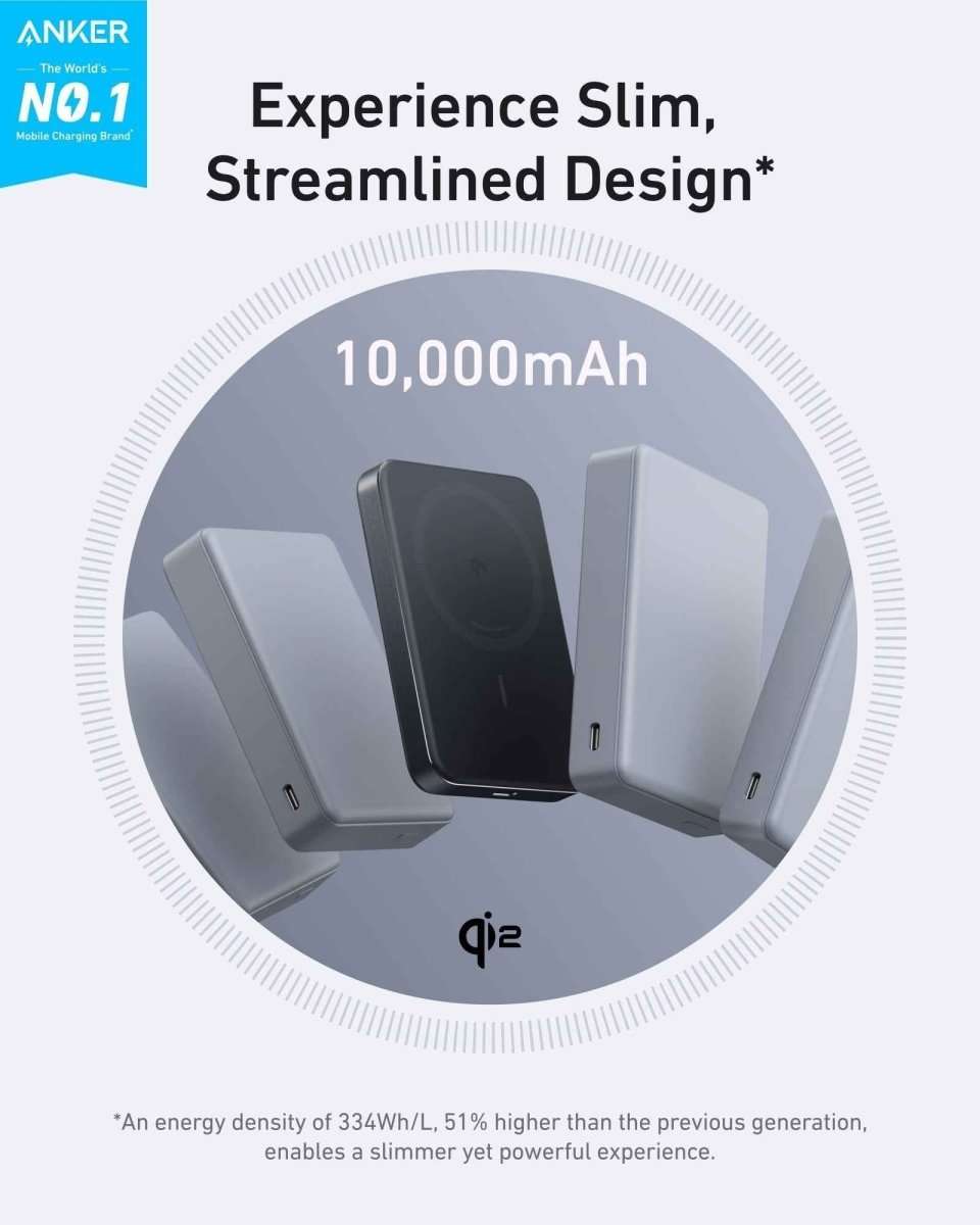 Slim wireless power bank with circular charging pad, dark body and visible side port