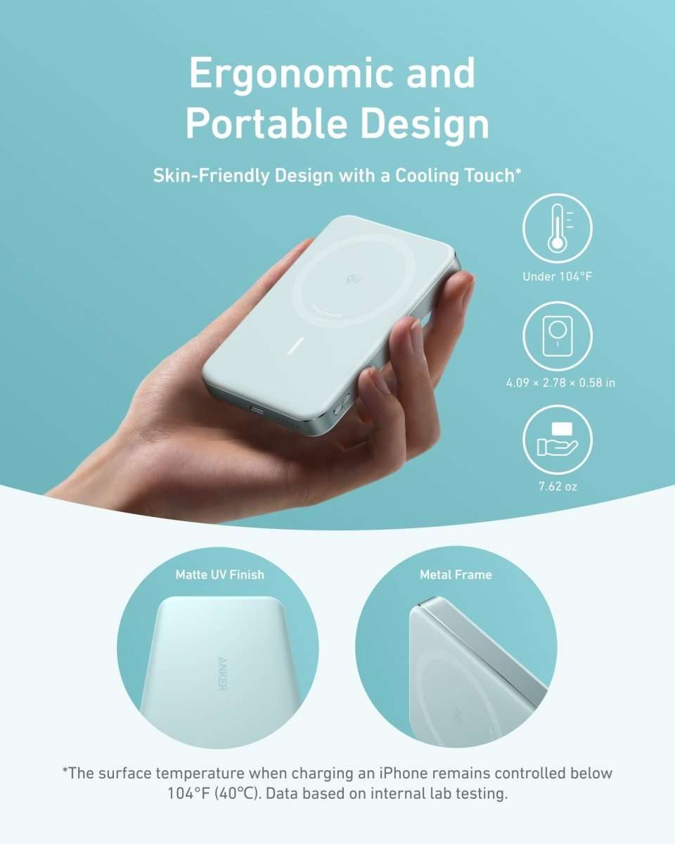 Slim MagGo power bank in a hand, matte finish with side USB-C port