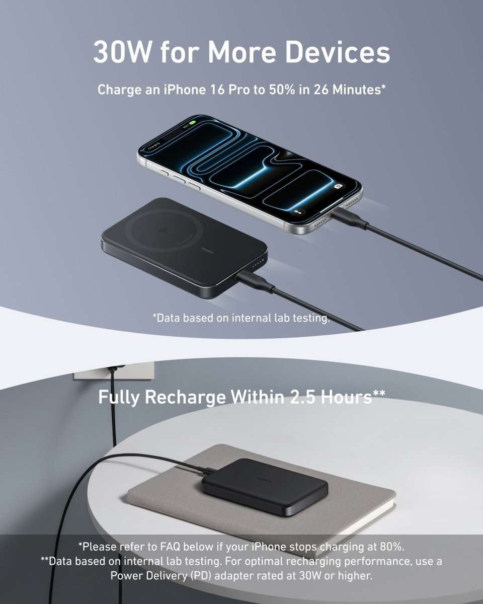 Slim wireless power bank, dark body with circular charging pad and bottom charging port
