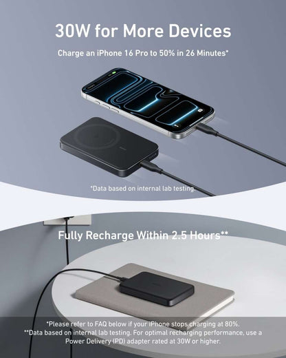 Slim wireless power bank, dark body with circular charging pad and bottom charging port
