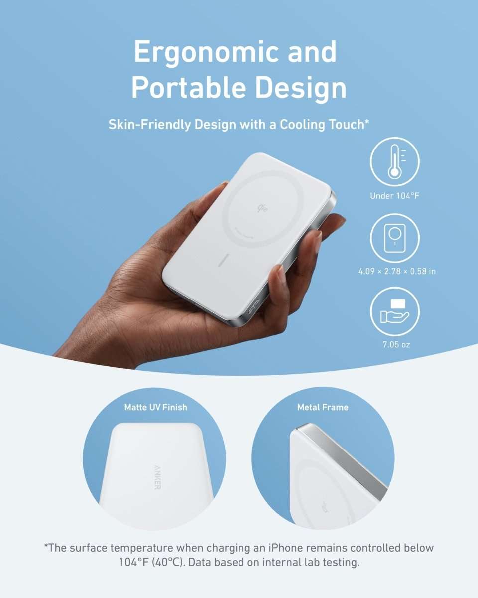 Slim wireless power bank held in hand, white body with circular charging pad