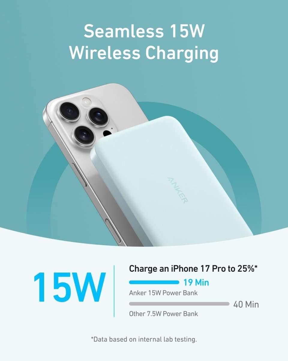 Slim MagGo power bank with wireless charging pad beside smartphone