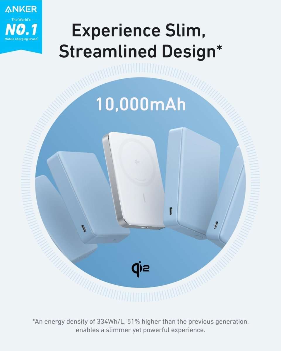 Slim wireless power bank with circular charging pad, white body and visible side port