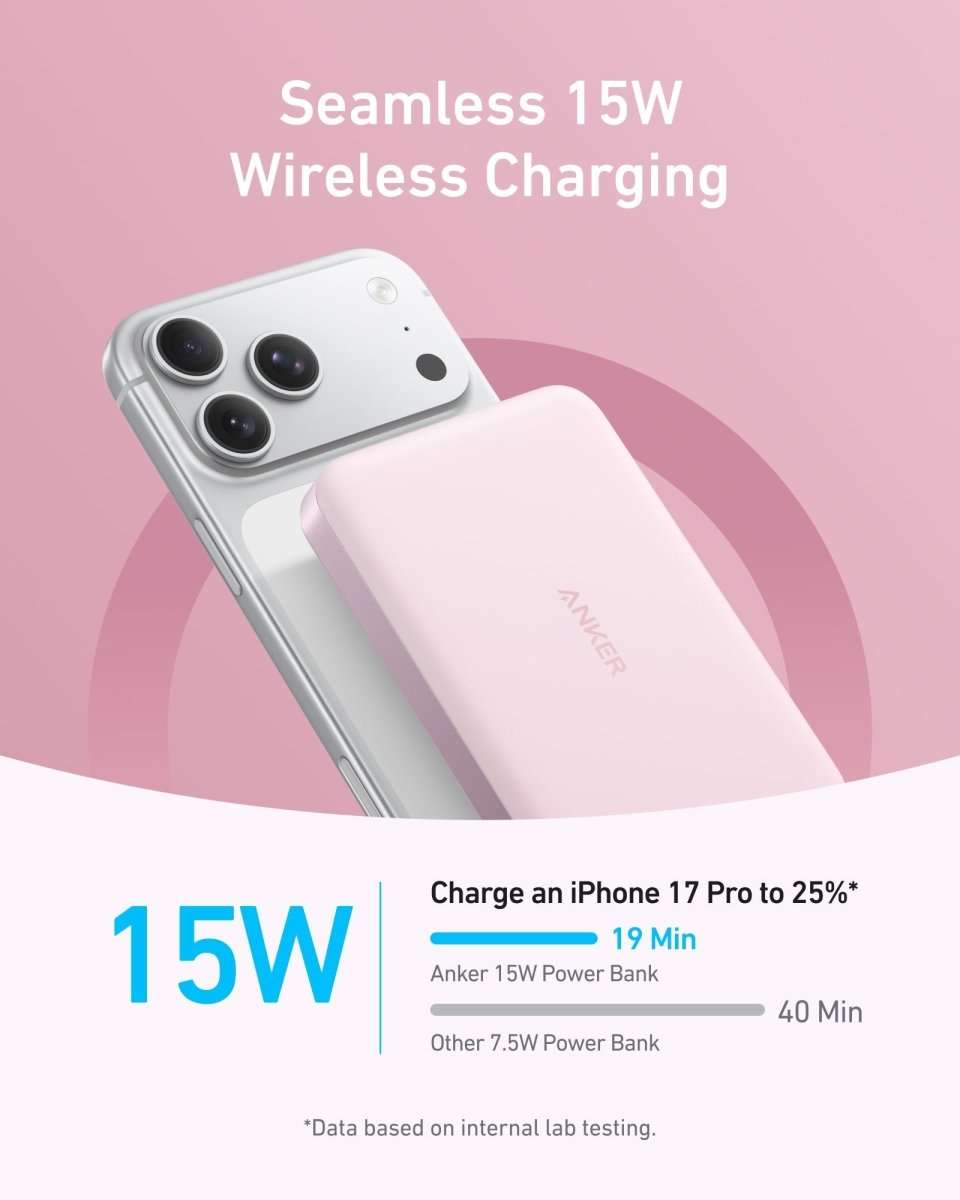 Slim wireless power bank with magnetic charging surface, compact rectangular design
