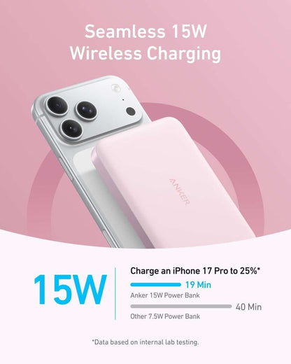 Slim wireless power bank with magnetic charging surface, compact rectangular design