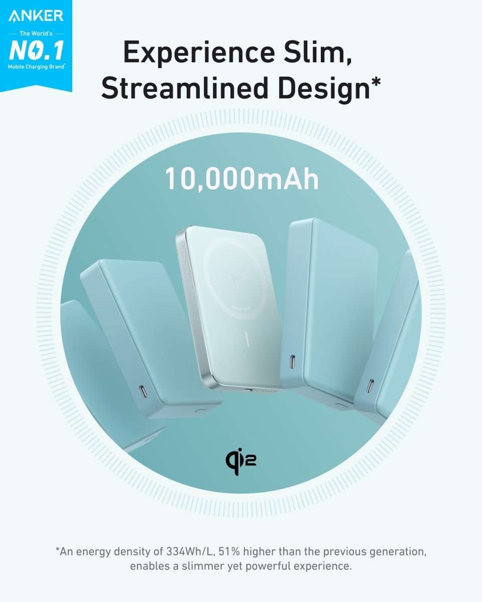 Slim MagGo power bank upright on stand, showing front charging pad