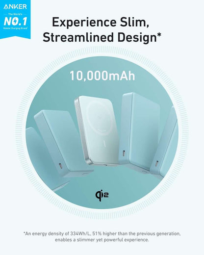 Slim MagGo power bank upright on stand, showing front charging pad