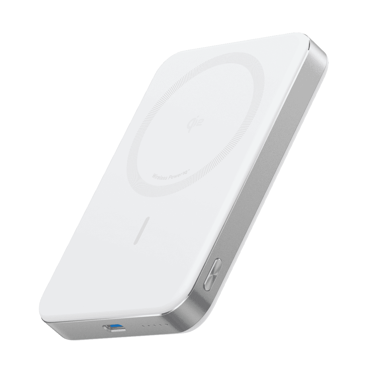 Slim wireless power bank, white body with circular charging pad and side charging port