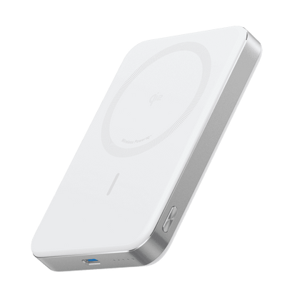 Slim wireless power bank, white body with circular charging pad and side charging port