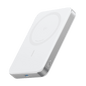 Slim wireless power bank, white body with circular charging pad and side charging port