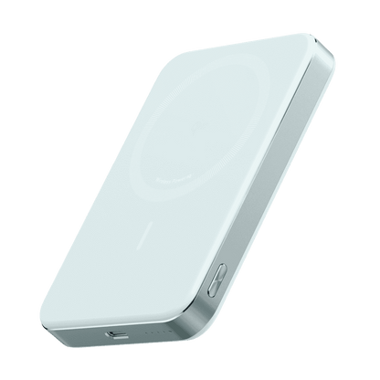Slim MagGo power bank, light color angled side view with USB-C port