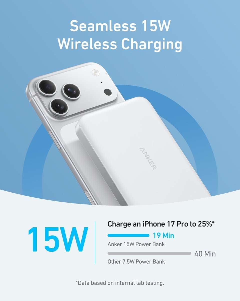 White slim wireless power bank with circular charging pad and side port visible