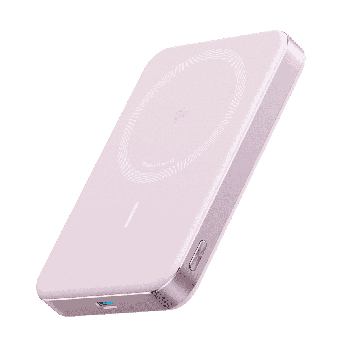 Slim MagGo power bank in pink, angled view with charging face and USB-C