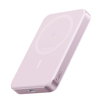 Slim MagGo power bank in pink, angled view with charging face and USB-C