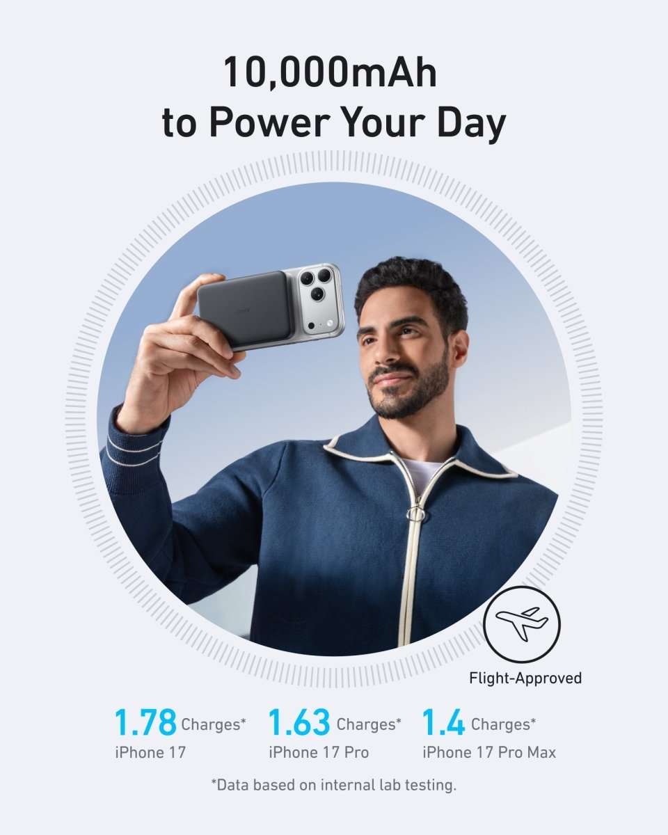 Slim wireless power bank, dark gray body with circular charging pad and side button