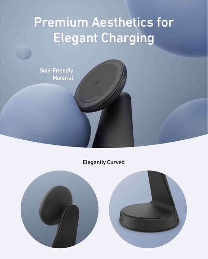 Wireless charging dock stand with curved black base and charging puck
