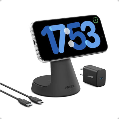 Wireless charging dock stand with black base, charging phone, and USB-C cable