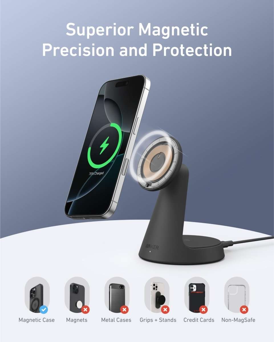 Wireless charging dock stand with phone on magnetic pad and cable attached
