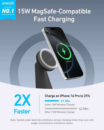 Wireless charging dock stand with phone charging on black magnetic pad and cable