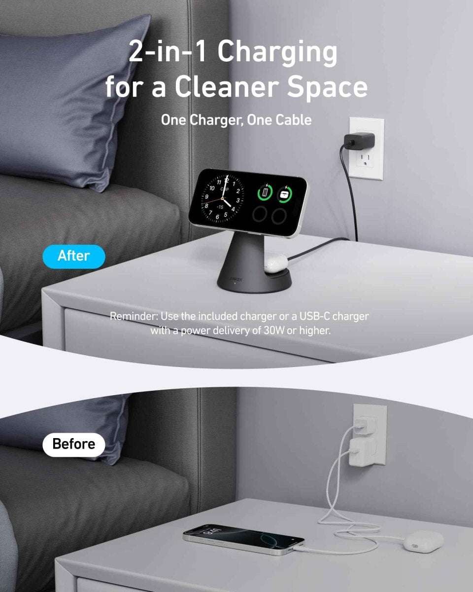 Wireless charging dock stand with phone seated and USB-C power adapter cable