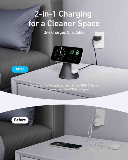 Wireless charging dock stand with phone seated and USB-C power adapter cable