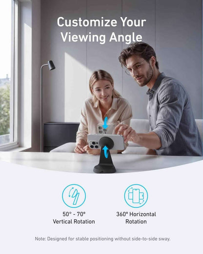 Wireless charging dock stand with phone in cradle and power cable connection