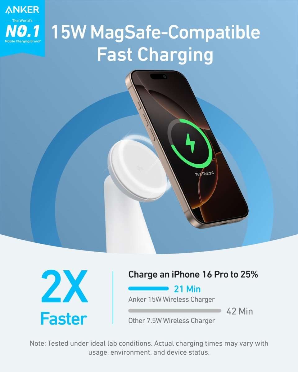 Wireless charging dock stand with phone charging on white magnetic pad