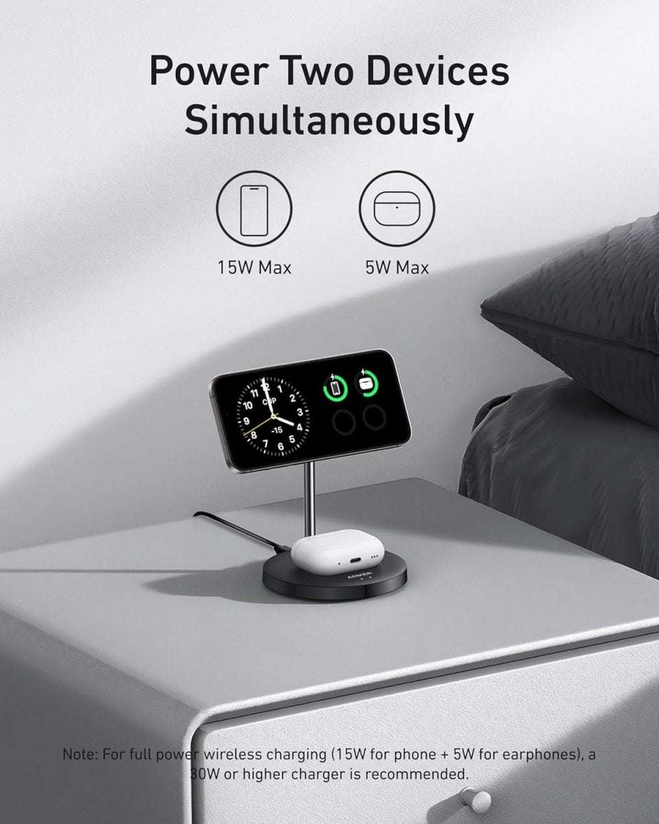 Wireless charger stand charging a phone and earbuds simultaneously on a tabletop