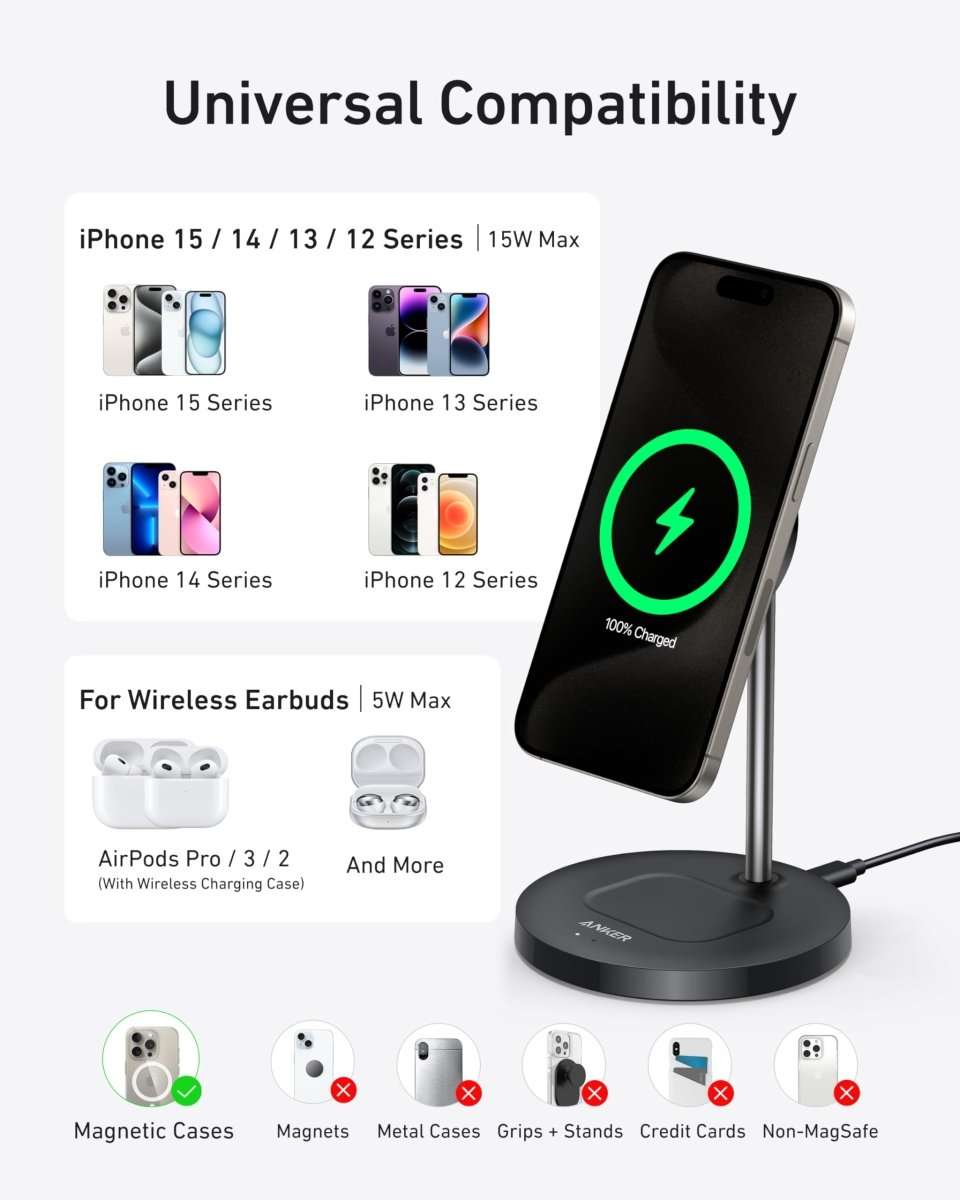 2-in-1 wireless charger stand with MagSafe-style magnetic pad, black