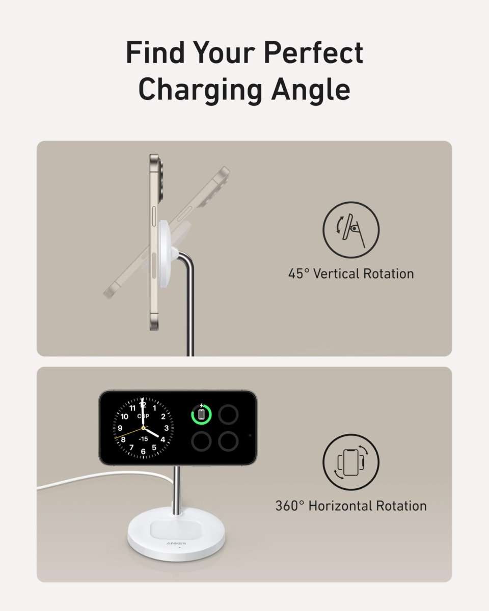 Wireless charger stand shown with adjustable 45° and 360° rotation angles