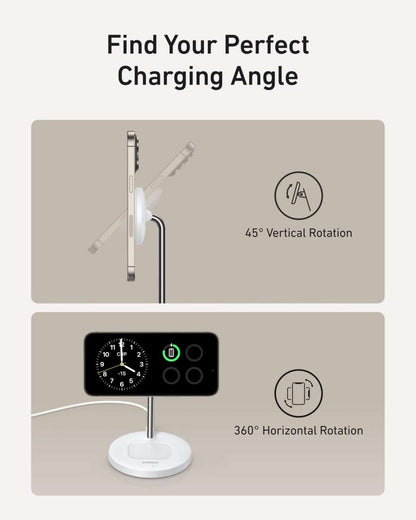Wireless charger stand shown with adjustable 45° and 360° rotation angles