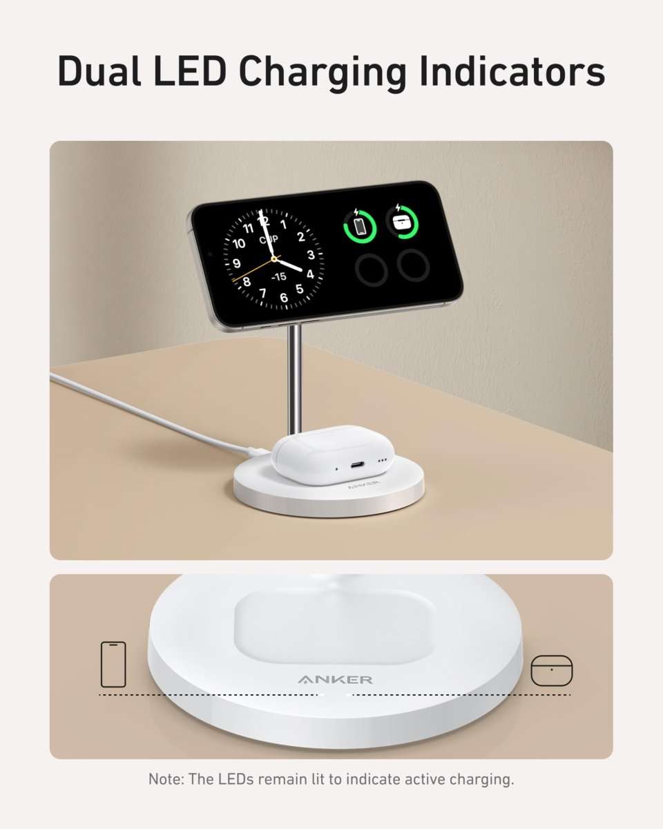 Wireless charger stand with dual LED indicator lights and white earbud charging dock