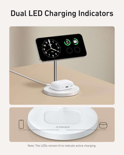 Wireless charger stand with dual LED indicator lights and white earbud charging dock