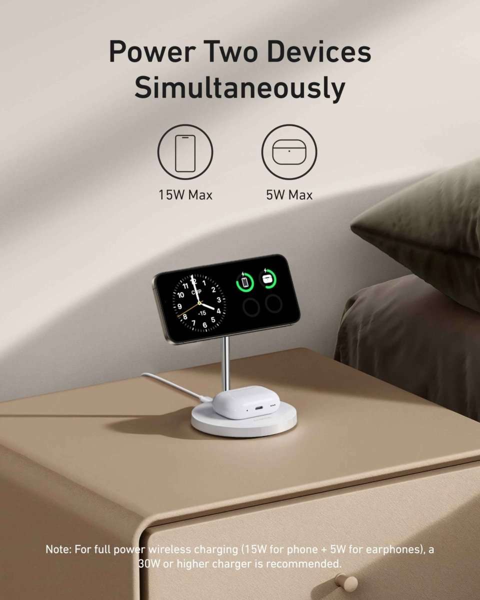 Wireless charger stand for simultaneous charging of a phone and wireless earbuds