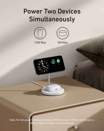Wireless charger stand for simultaneous charging of a phone and wireless earbuds
