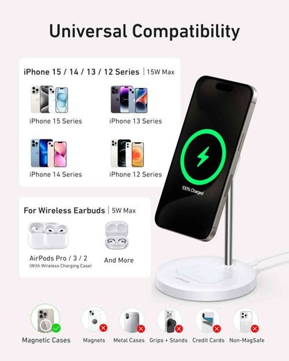 Wireless charger stand holding a phone and wireless earbuds on a magnetic base