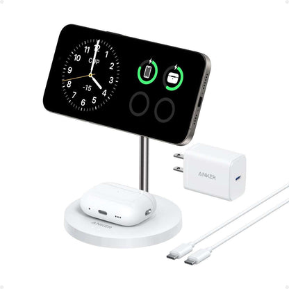 Wireless charger stand with black charging pad, white base, and phone/earbud holders