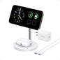 Wireless charger stand with black charging pad, white base, and phone/earbud holders