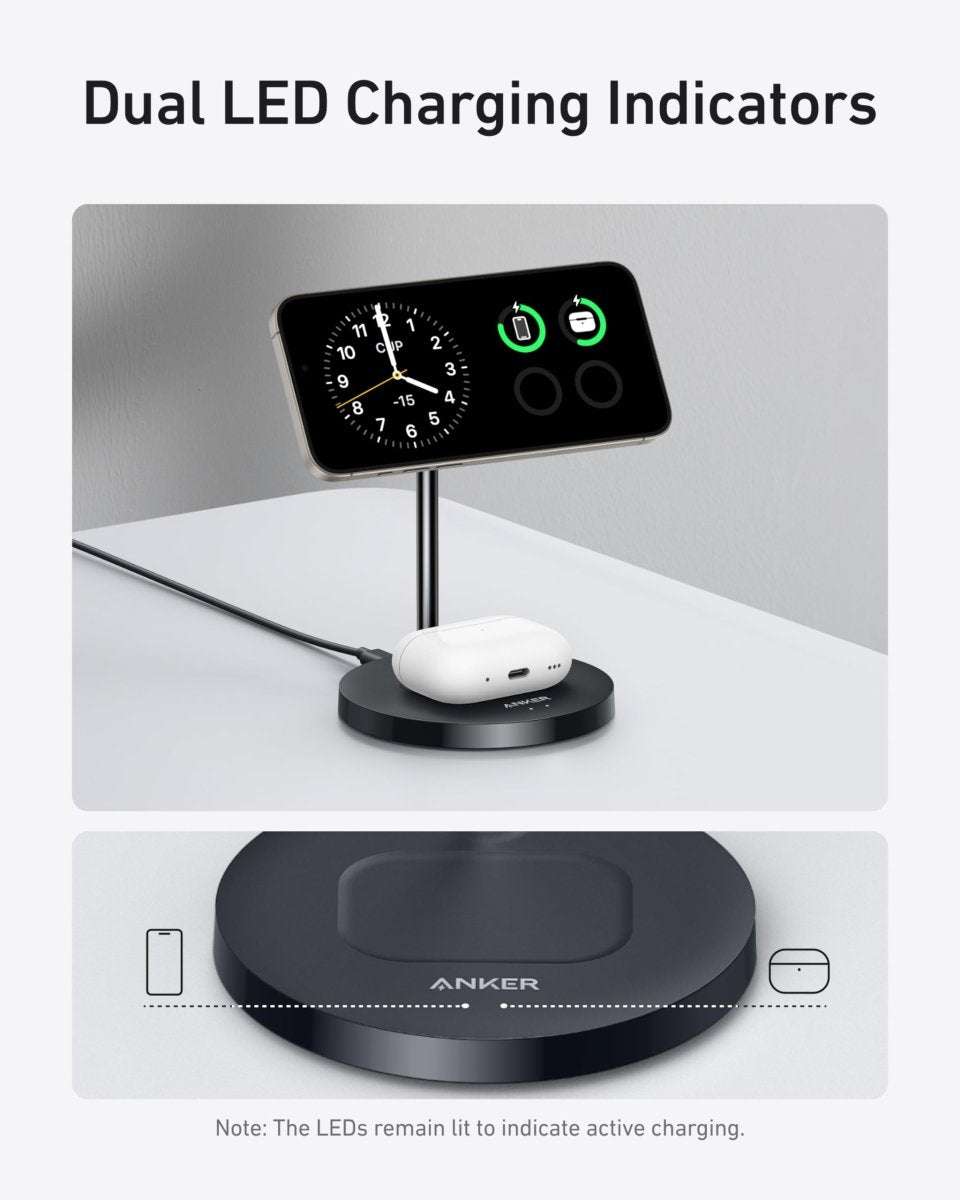 Wireless charger stand with dual LED indicator lights and white earbud charging dock