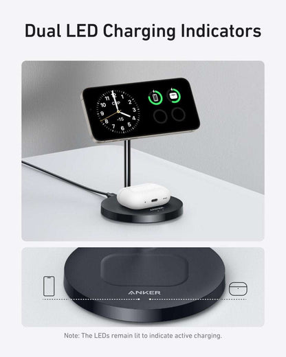 Wireless charger stand with dual LED indicator lights and white earbud charging dock