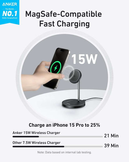 Wireless charger stand with phone charging on a black pad and white earbud dock