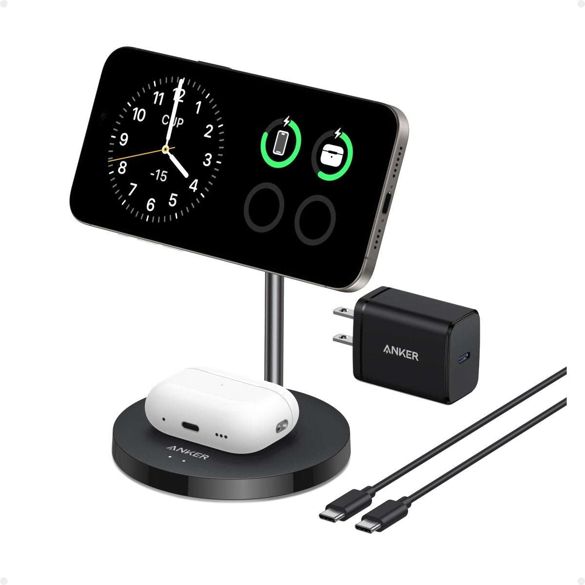 Dual wireless charger stand with black base, phone/earbud pads, and charging cables
