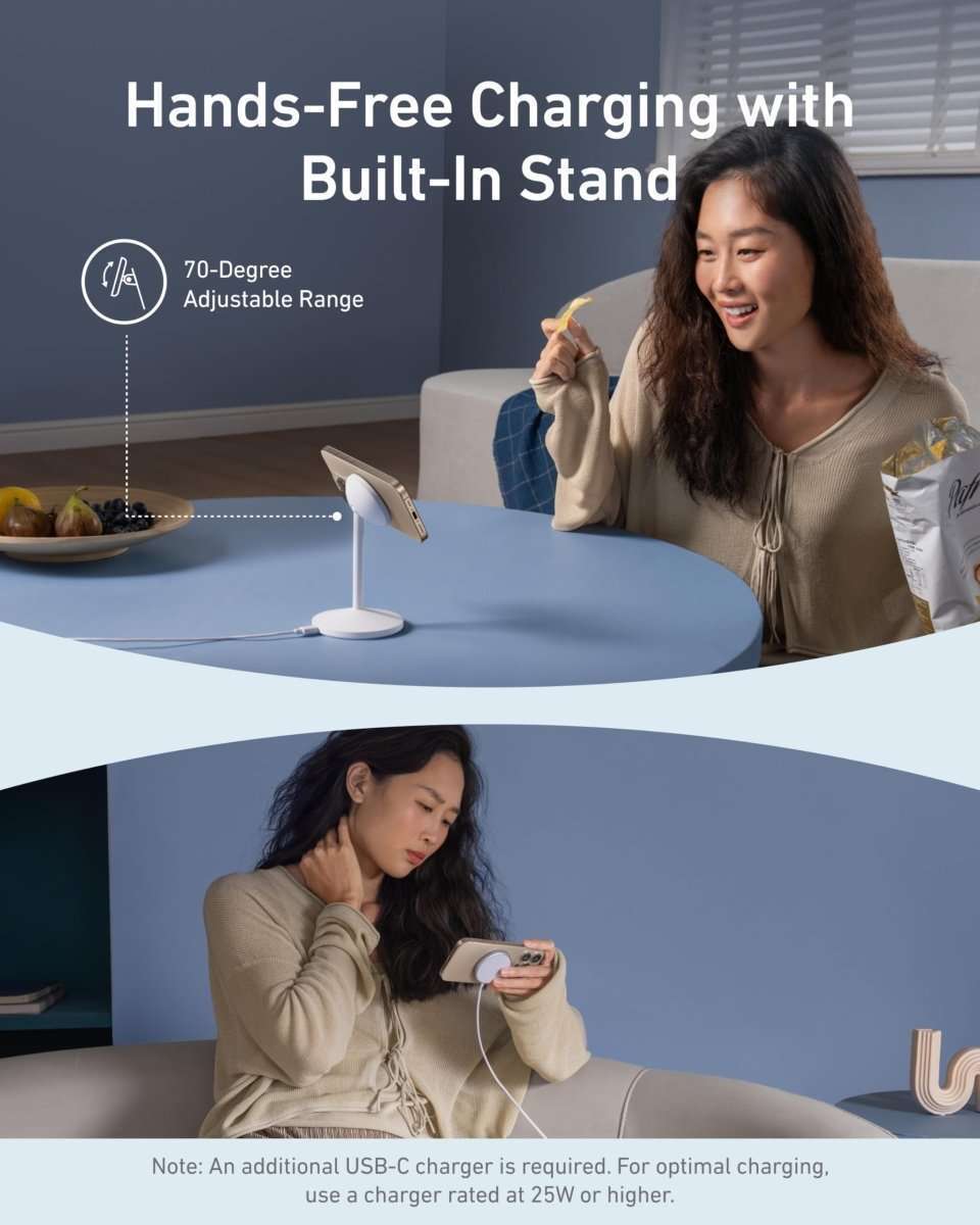 MagSafe wireless charger stand with phone on built-in stand charging angle