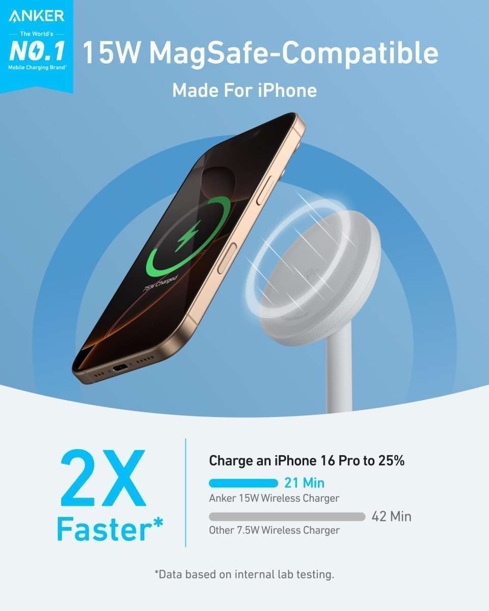 White MagSafe wireless charger stand with phone resting on charging pad