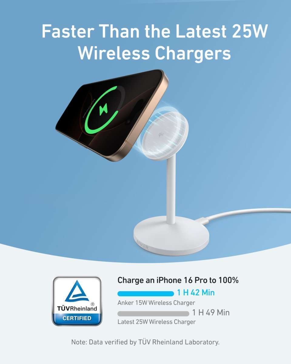 White MagSafe wireless charging stand with phone on tilted charging dock