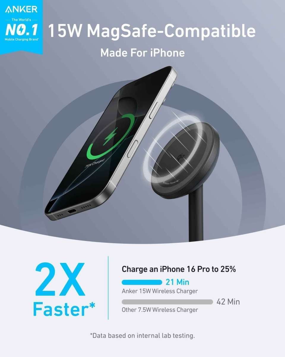 Black MagSafe wireless charger stand with phone resting on charging pad