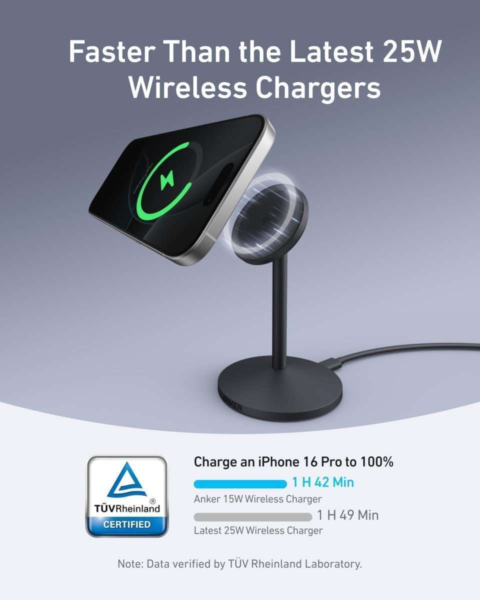 Black MagSafe wireless charging stand with phone on angled charging dock