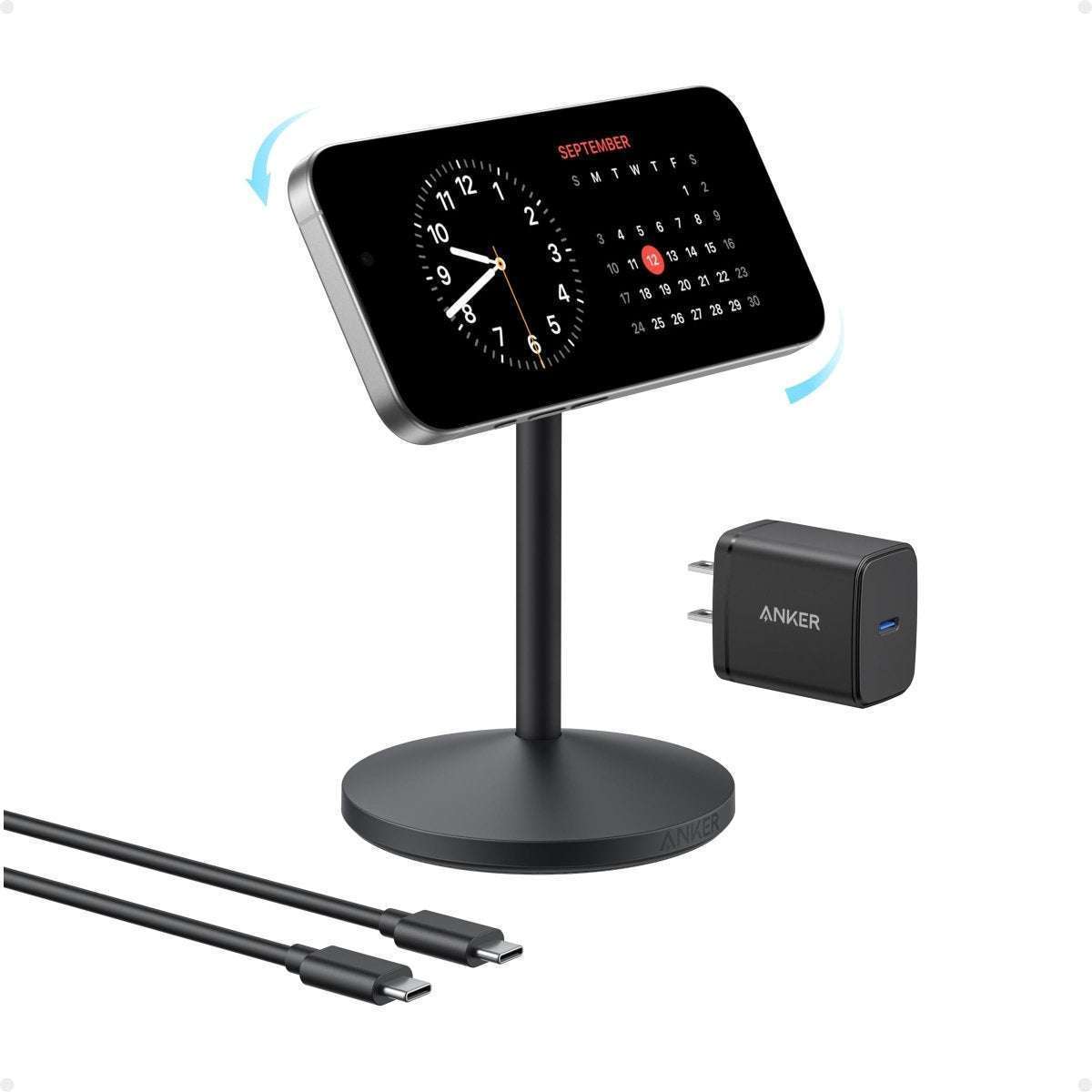 Wireless charging stand with adapter and cable, black stand and power brick