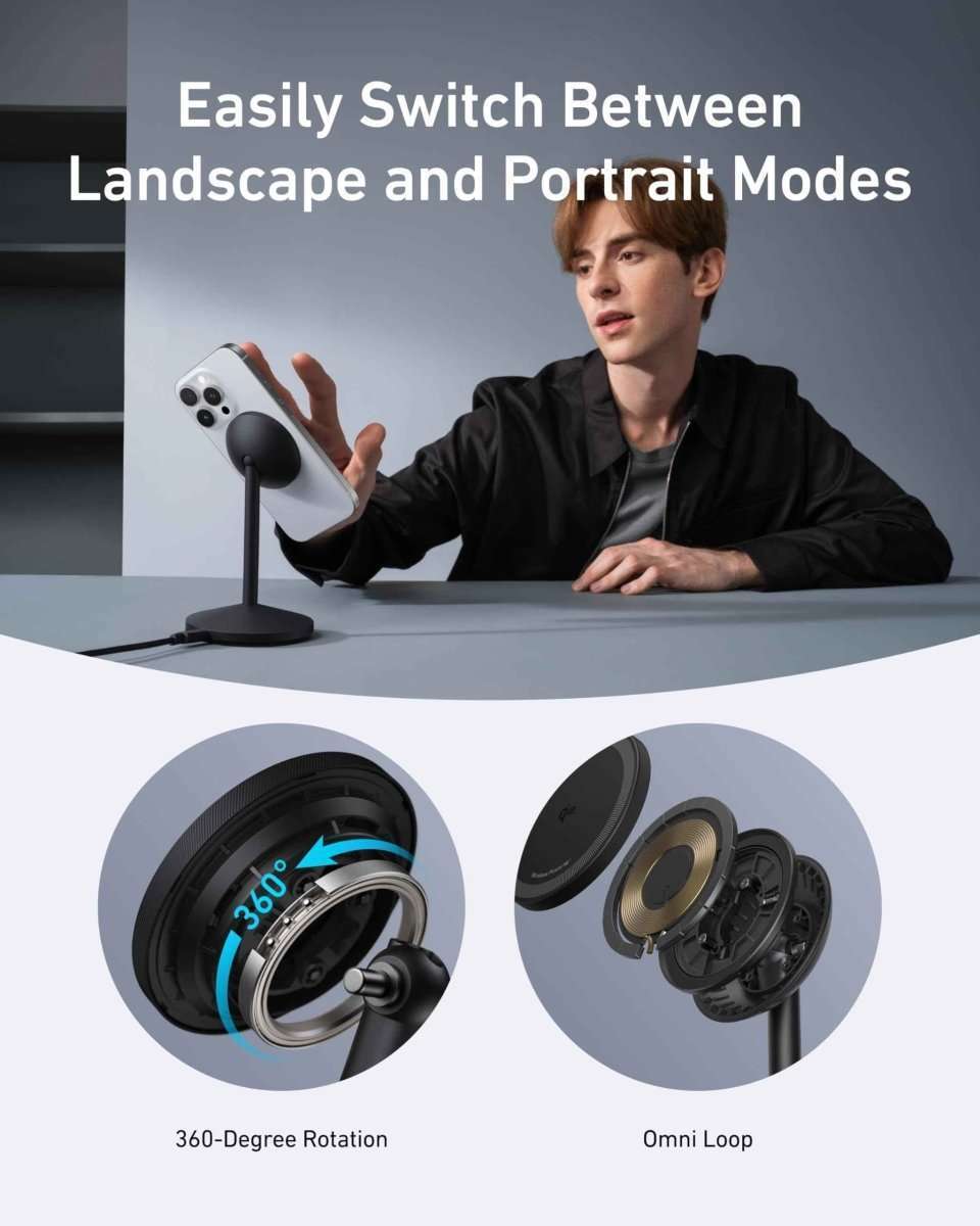 Black wireless charger stand showing rotating base and charging head