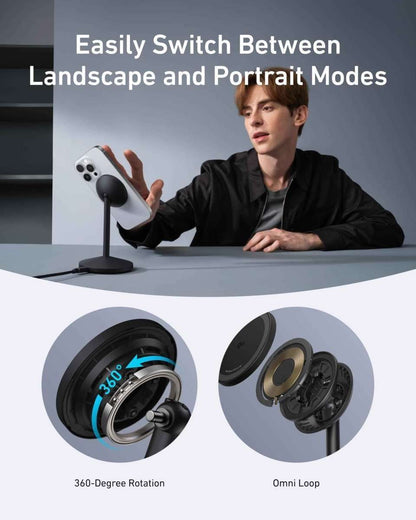 Black wireless charger stand showing rotating base and charging head